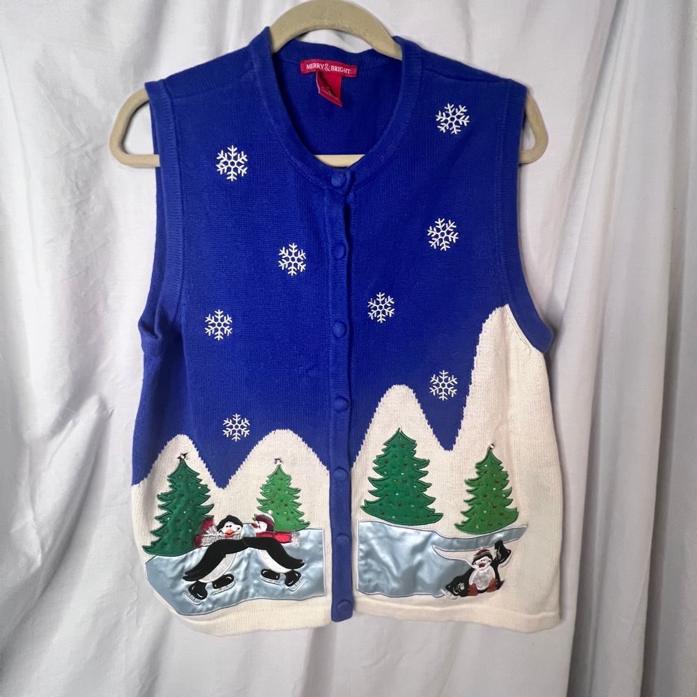 Merry & Bright Womens Ugly Christmas‎ Knit Sweater Vest Blue Penguins Size Large